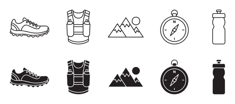Trail running and hiking equipment icon set with line art and glyph styles showing a sneaker, hydration vest, mountains, compass, and water bottle for outdoor adventure concepts