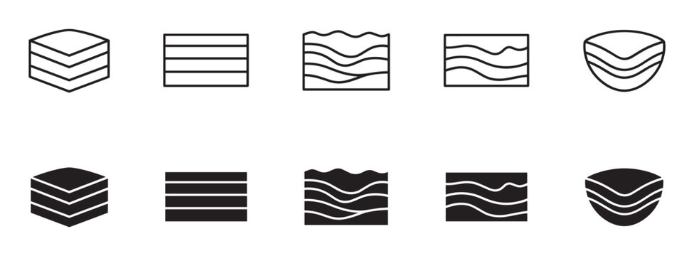 Collection of black layer icons in two different styles, outline and glyph, representing concepts like data, strata, water, fabric, and protection for user interface design