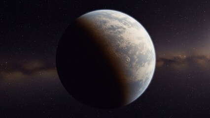 Obraz premium Exoplanet with swirling white clouds in a dark sky, partially shadowed