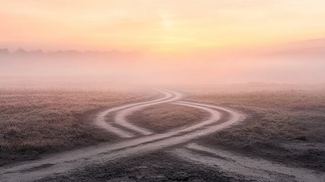 destiny. A mysterious foggy crossroads splits into two paths, evoking a sense of choice and adventure. wellbeing guides, coaching materials, designed for coaching and self-improvement content.