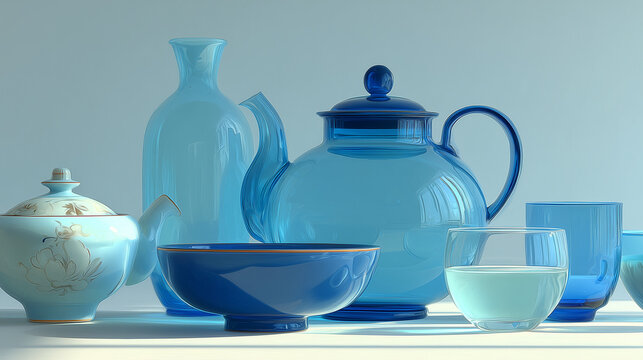 Minimal still life with blue glass and ceramic tableware artistic composition