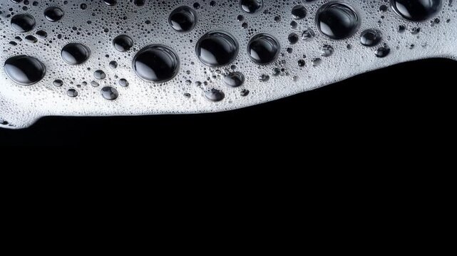 Soap foam moving on edge of screen. Empty black background, natural shampoo white bubbles motion, Copy space. Bubbles of white soap moving. Clean,cleaning concept