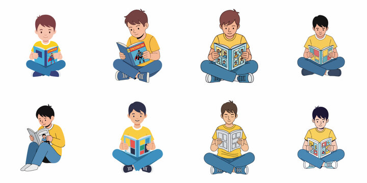 Collection of eight cartoon illustrations featuring young boys sitting comfortably, engrossed in reading various comic books and magazines, isolated on white.
