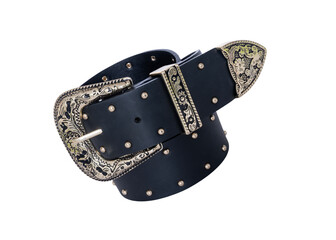 Black Leather Belt with Studs and Ornate Silver Buckle Isolated on White Background