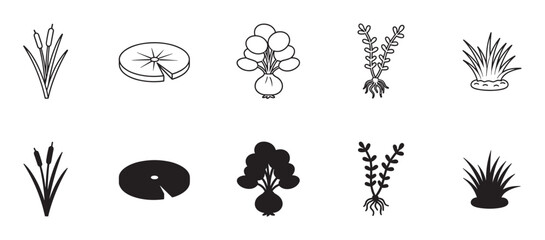 Set of black aquatic plant icons showing cattails, lily pads, and marsh vegetation in both minimalist line art and solid silhouette styles for graphic design elements