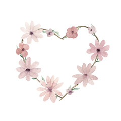 Watercolor print  with floral heart.  Hand drawn isolated  illustration on white background