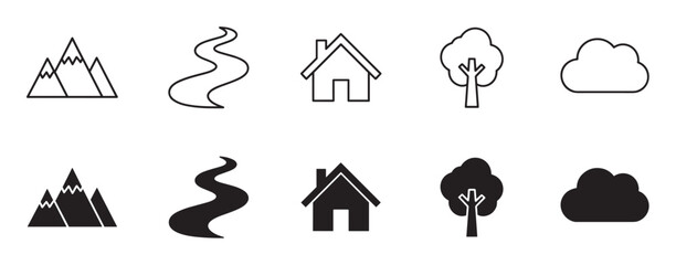 Fototapeta premium Set of black nature icons including mountains, river, house, tree, and cloud, presented in both simple outline and solid silhouette styles for graphic design
