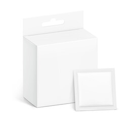 Hanging packaging box with sachet mockup. Half side view. Vector illustration isolated on grey background. Ready and simple to use for your design. EPS10.