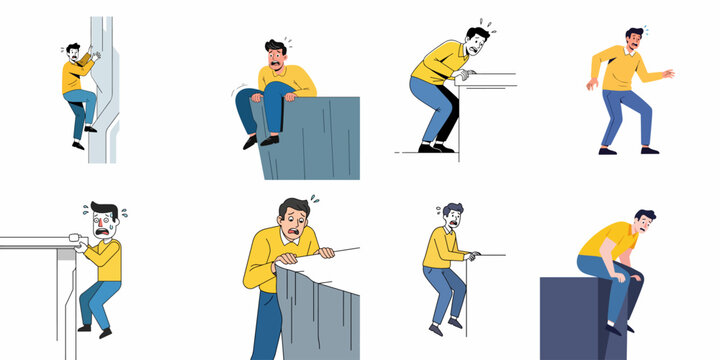Vector set illustrating a stressed and scared man in precarious situations, including climbing, hanging, and sitting on a cliff edge, depicting fear and anxiety.
