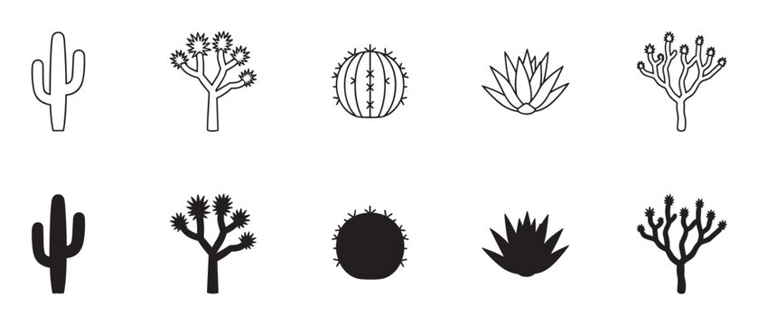 Set of black desert plant icons featuring various cacti, Joshua trees, and agave in both outline and silhouette styles for graphic design elements