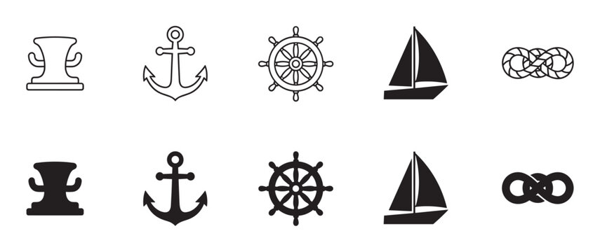 Set of black nautical marine vector icons including an anchor, ship's wheel, sailboat, rope knot, and bollard shown in simple outline and solid silhouette graphic styles
