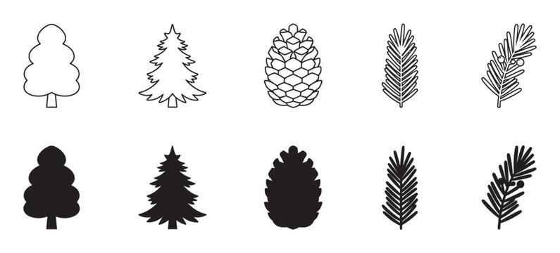 Set of black forest tree icons including pine, fir, cone, and branch designs presented in both minimalist outline and solid silhouette styles for graphic design elements
