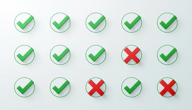 A graphic illustration of green checkmarks and red crosses on a white background