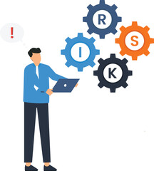 Businessman analyzing risk management business strategy corporate process system analysis gears mechanism warning sign holding laptop financial risk operational issue flat design thinking process