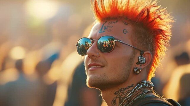 Portrait of a punk man with a mohawk hairstyle enjoying a live concert at a music festival