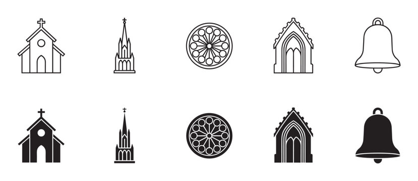 Collection of black religious icons in two styles, line art and solid silhouette, featuring a church, cathedral, rose window, gothic arch, and a classic bell