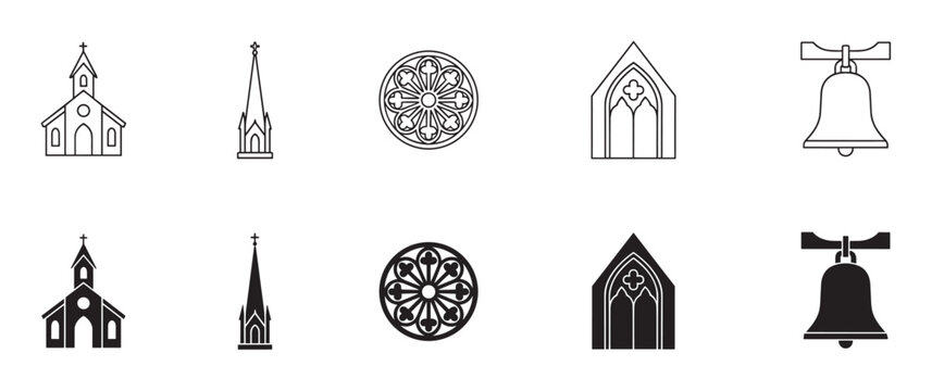Set of black church and cathedral icons in outline and solid silhouette styles showing a building, steeple, rose window, gothic arch, and bell