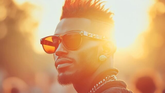 Cool young black man with a mohawk hairstyle watching a concert outdoors during a golden sunset