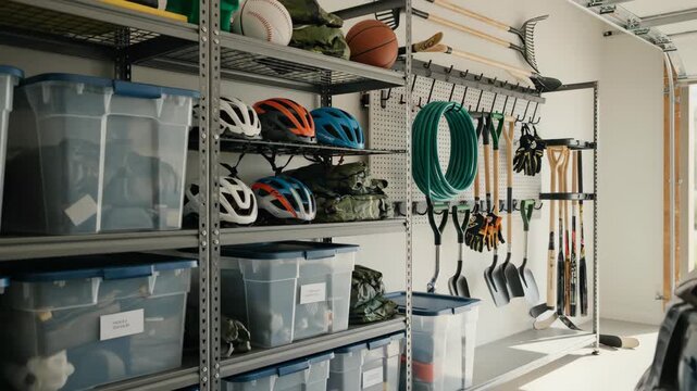 A well-organized garage with a modern storage system. Shelves with containers and a wall rack holding sports equipment and gardening tools. Home organization and decluttering concept