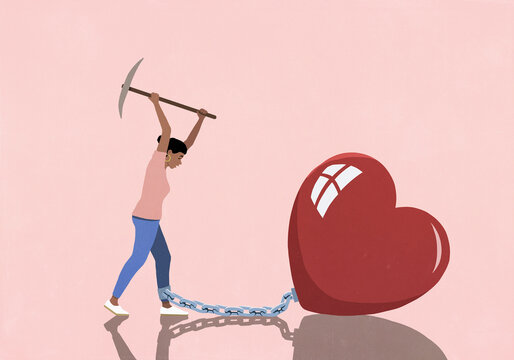 Woman with pickaxe breaking chain connecting her ankle to large heart on pink background
