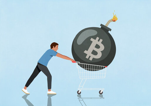 Man pushing large Bitcoin bomb in shopping cart against blue background