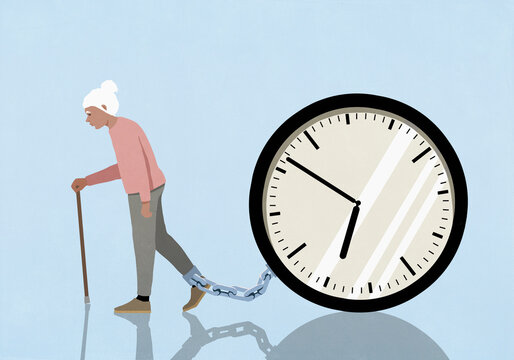 Elderly woman with cane dragging large clock chained to her ankle