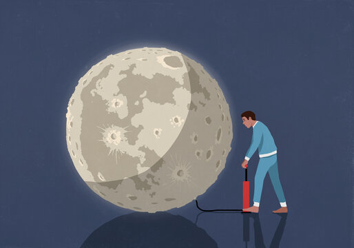 Man in pajamas inflating full moon with tire pump