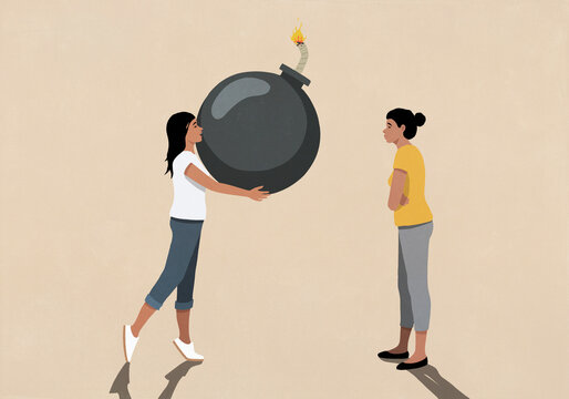 Woman giving large bomb to friend with arms crossed on beige background