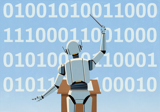 Humanoid robot conducting orchestra of binary code