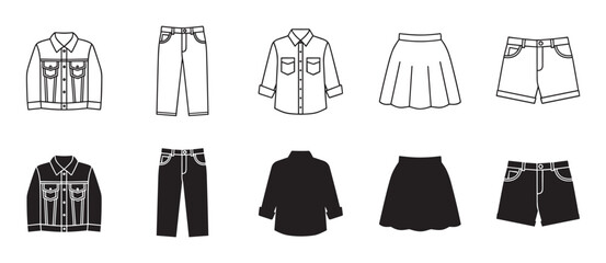 Set of black clothing icons in line art and silhouette styles showing a jacket, jeans, shirt, skirt, and shorts for a minimalist fashion or apparel concept