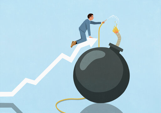 Male investor on ascending chart arrow attempting to put out fire on bomb fuse