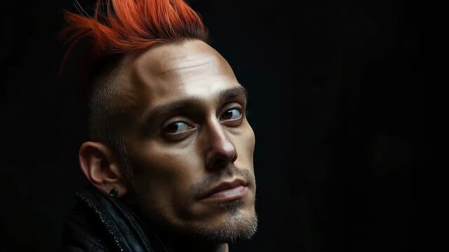 Rebellious man with a mohawk hairstyle and neck tattoo slowly turning his head on a black background