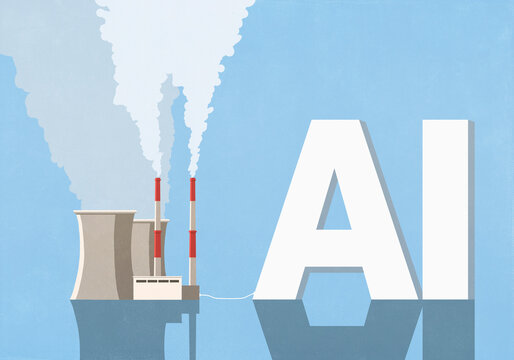 Factory with smokestacks plugged into large AI letters on blue background