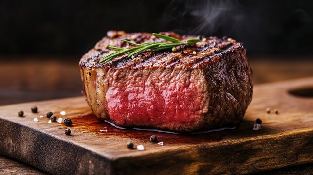sirloin. Close-up of a juicy beef steak on a rustic wooden cutting board, showcasing rich textures and grill marks. menu design.