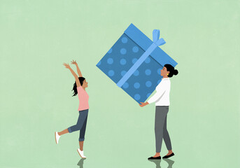 Mother surprising excited daughter with large gift box