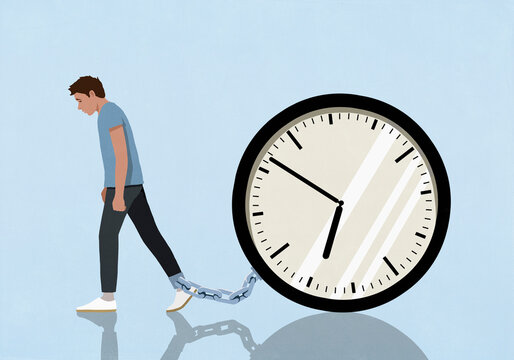Dejected man dragging large clock attached to his ankle against blue background