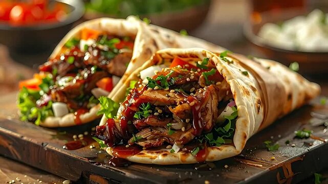 Two delicious chicken shawarma wraps are displayed on a wooden board, ready to be enjoyed as a tasty meal.