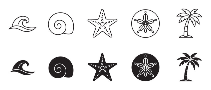 Set of black and white beach icons in line art and solid silhouette styles, featuring a simple wave, seashell, starfish, sand dollar, and a tropical palm tree for summer designs