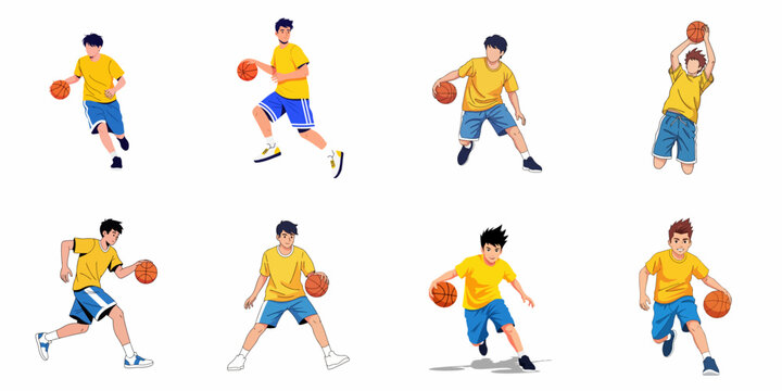 Collection of young male basketball players in action poses, including dribbling, running, and jumping for a shot, isolated vector illustration set.