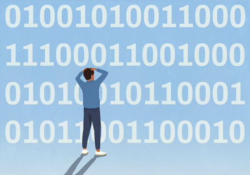 Confused man with head in hands looking at rows of binary code on blue background