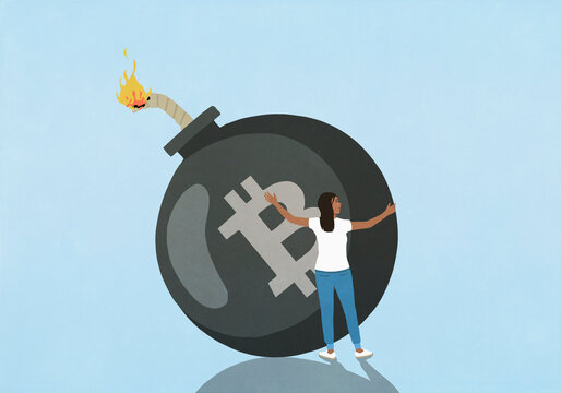 Woman hugging large Bitcoin bomb on blue background
