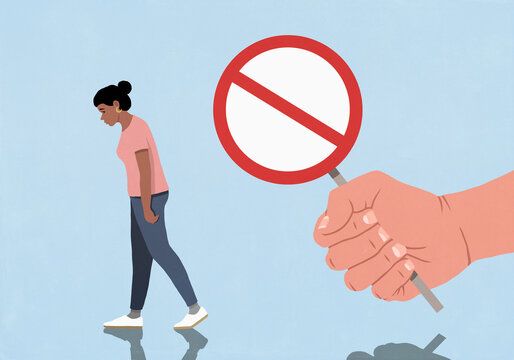 Fist holding a Do Not Enter sign behind dejected woman walking away