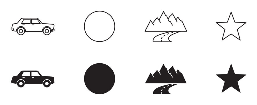 Set of black and white minimalist icons featuring a car, circle, mountain, and star in both outline and solid filled styles for graphic design or web interface