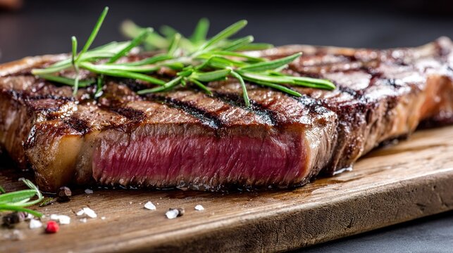 sirloin. Close-up of a juicy beef steak on a rustic wooden cutting board, showcasing rich textures and grill marks. menu design.