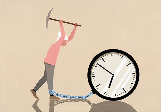 Elderly woman with pickaxe try to break chain connecting her ankle to a clock