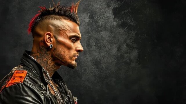 Rebellious man with a mohawk, neck tattoos, and leather jacket against a dark, grungy background