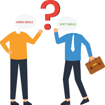 Business skills comparison showing hard skills soft skills debate question mark, illustrating career development choices, recruitment process, and human resources decisions, two people flat design.