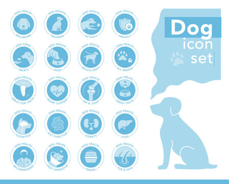 A set of icons for dog. The basic parts of pet health. The outline icons are well scalable and editable. Contrasting elements are good for different backgrounds. EPS10.