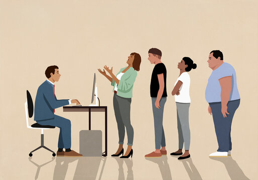 People in queue complaining to and waiting to speak to businessman sitting at computer