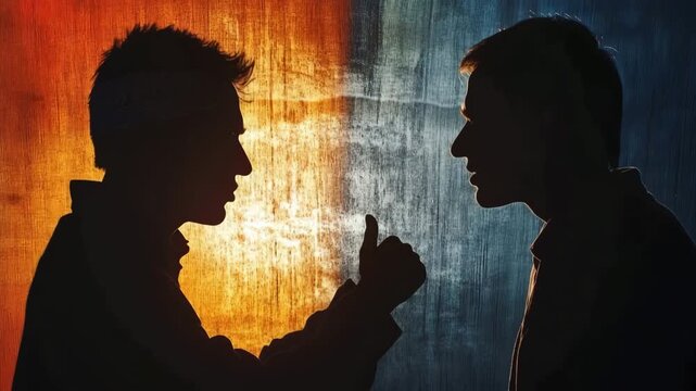 Angry confrontation between two men in silhouette having a heated argument against a grunge background